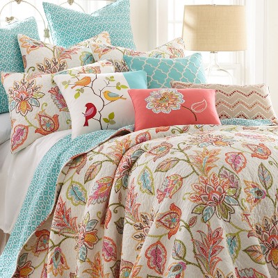 Sophia White and Teal Cotton Twin Reversible Quilt Set