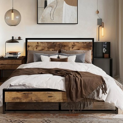 Allewie Metal Bed Frame with Rustic Headboard & Footboard, Sturdy Frame Construction, No Box Spring Needed