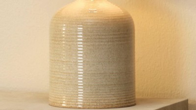 Taupe Ceramic Table Lamp with Silver Accents and Linen Shade