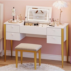 47" Makeup Vanity Desk with Flip Top Mirror and Lights, Dresser LED Mirror with 3 Color Modes Adjustable, Vanity Table Set with Chair and 5 Drawers - 1 of 4