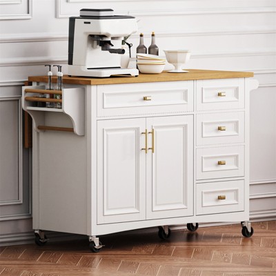 52'' Kitchen Island with Drop Leaf, Kitchen Island on Wheels With 5 Drawers, Kitchen Storage Cart, Rolling Kitchen Island Table for Dining Room