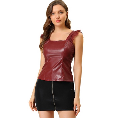 Allegra K Women's Lace Trim Party Faux Leather Pu Tank Top Wine