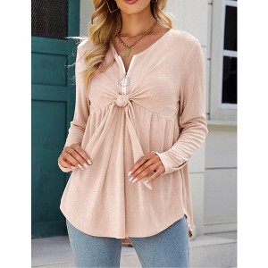 Women's V Neck Blouse Half Zip up Casual Tunic Shirts Babydoll Chest Tie Knot Shirts Ruched Flowy Hem Tunic Tops - 1 of 4