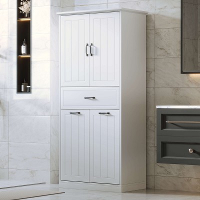 ORRD Bathroom Storage Cabinet with 2 Laundry Baskets, Drawer, and Doors, Compact Organizer for Home, White
