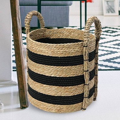 Braided Black & Natural Seagrass Round Storage Basket with Iron Handles