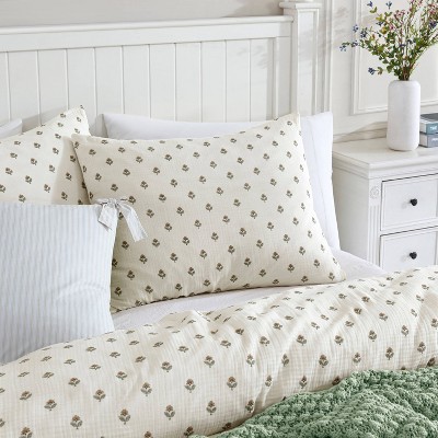 Ivory Floral Cotton Full/Queen Comforter and Sham Set
