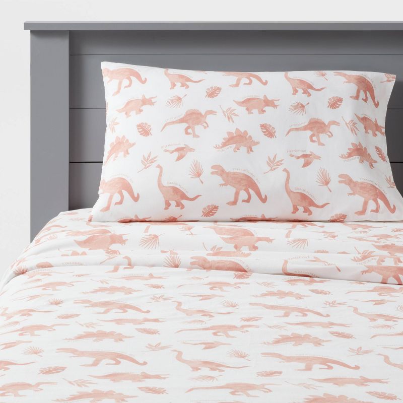Dinosaur Cotton Kids' Sheet Set Pink - Pillowfort™, 1 of 5