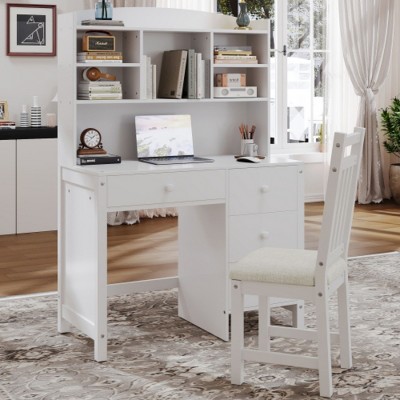 Vintage 40'' Home Executive Desk,Upholstered Chair Set,Computer Desk,4 Drawers & Storage Shelf, Office or Study,Bedroom,Living Room-Maison Boucle