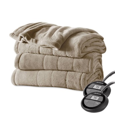 Sunbeam Queen Size Electric MicroPlush Heated Blanket with Dual Digital Controllers in Mushroom