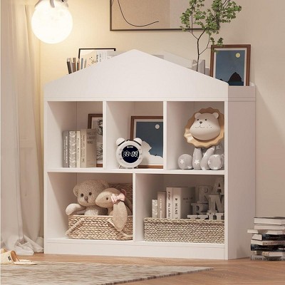 Toy Storage Organizer 5-Cubby Kids Bookshelf White Bookcase Toddlers Playhouse Cabinet Shelf
