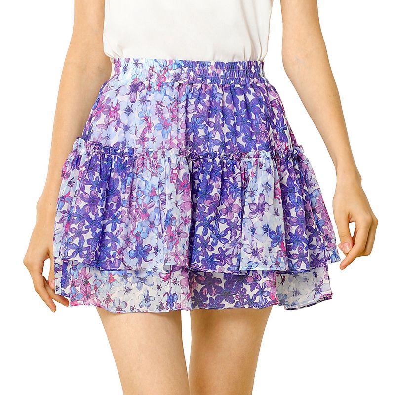 Allegra K Women's Summer Floral Tiered Ruffle Skirts Cute Mini Skirt, 1 of 8