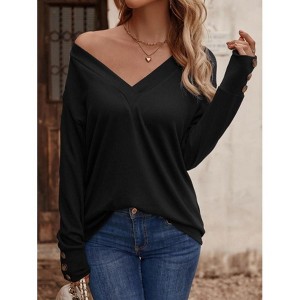 Women's Button Detail Long Sleeve Top Casual V-Neck Loose Fit Blouse T-Shirt - 1 of 4