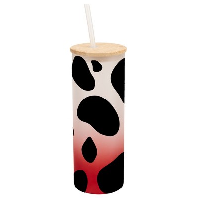 Elanze Designs Cow Animal Print Wrap-Around Design 25 Ounce Frosted Gradient Glass On-The-Go Coffee Travel Skinny Tumbler Mug Cup, Bamboo Lid and