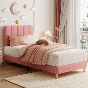 Twin XL Bed Frame, Boucle Upholstered Platform Bed with Wave Headboard for Girls/Boys/Kids, Easy Assembly, Wooden Slats Support - 1 of 4
