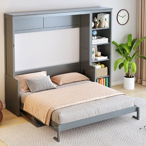ModernLuxe Queen/Full Size Murphy Bed Wall Bed Frame, Wooden Storage Cabinet Bed with Desk and Bookshelf - 1 of 4