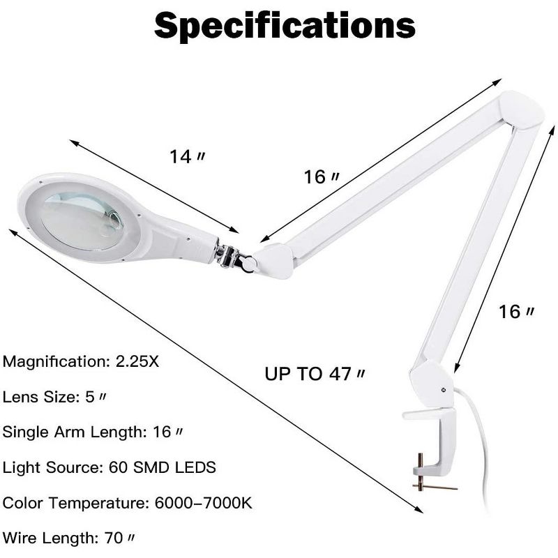 LED Magnifying Glass Desk Lamp w/ Swivel Arm & Clamp 2.25x Magnification White, 3 of 8