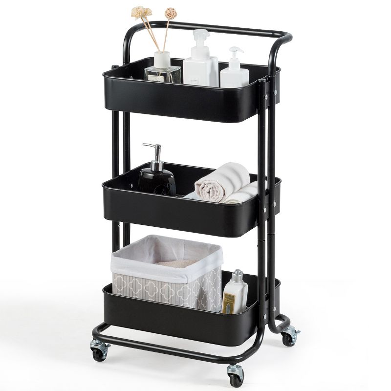 Tangkula 3-Tier Metal Rolling Utility Storage Cart Service Trolley Cart with Lockable Wheels, 4 of 10