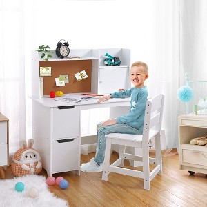 Jojoka Kids Desk and Chair Set,Wooden Study Table with Storage Shelf,Writing Table for Boys and Girls,White - 1 of 4
