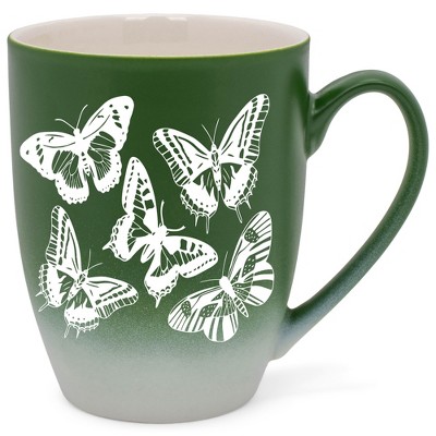 Elanze Designs Butterflies Two Toned Ombre Matte Green and White 12 ounce Ceramic Stoneware Coffee Cup Mug
