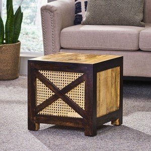 PAGED 16 Inch Wooden Ottoman, Modern Side Table Footrest Ottoman, Square Rattan Vanity Chair for Living Room, Bedroom - 1 of 4
