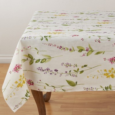 Saro Lifestyle Watercolor Floral Stem Design Linen Tablecloth, 60"x60", Off-White