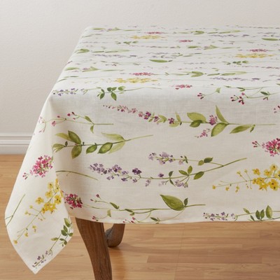 Saro Lifestyle Watercolor Floral Stem Design Linen Tablecloth, 60"x60", Off-White