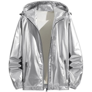 INSPIRE CHIC Men's Solid Zipper Sparkle Shiny Holographic Hooded Metallic Jacket - 1 of 4