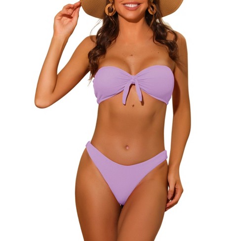 Elerevyo Women s Bandeau Ribbed Bowknot Strapless With Bottoms Swimwear Bikini 1 Set Light Purple Medium Target