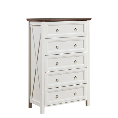 31.25" Wood Farmhouse Rustic 5-Drawer Tall Dresser Chest with Spacious Drawers, Sturdy Durable Design, and Metal Round Knobs