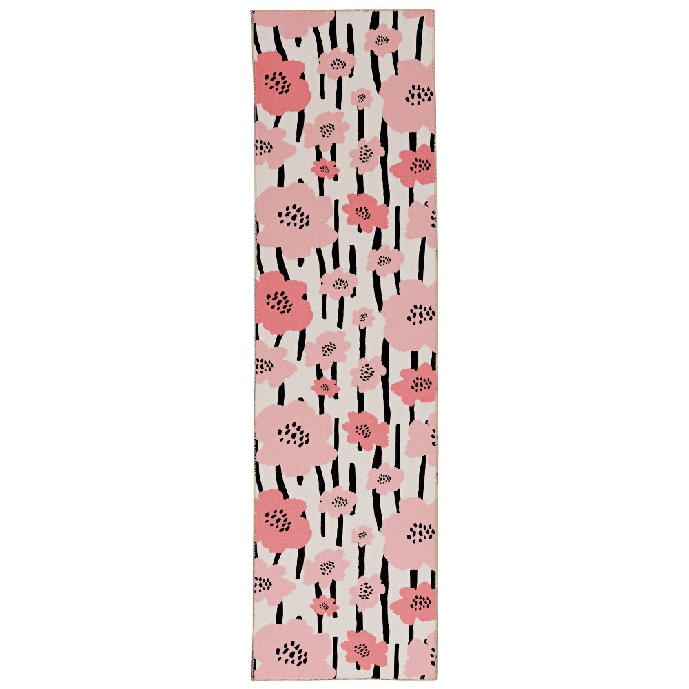 Photos - Area Rug Linon 2'x8' Washable Laurel Rug Ivory/Pink - : Stain-Resistant Floral Runner, Low Pile, Machine Made, Indoor Use 