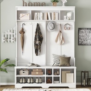 Modern Hall Tree with Storage Bench, 6 Hooks & Shoe Cubbies, 59"W x 77"H Entryway Coat Rack Organizer for Foyer Mudroom-3irtyhousy - 1 of 4