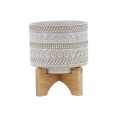Sagebrook Home With Wood Stand Geometric Ceramic Planter Pots