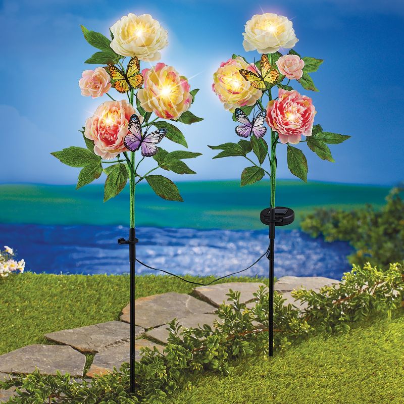 Collections Etc Solar Blooming Peonies and Butterflies Garden Stakes - Set of 2 11 X 5 X 34.5, 2 of 3