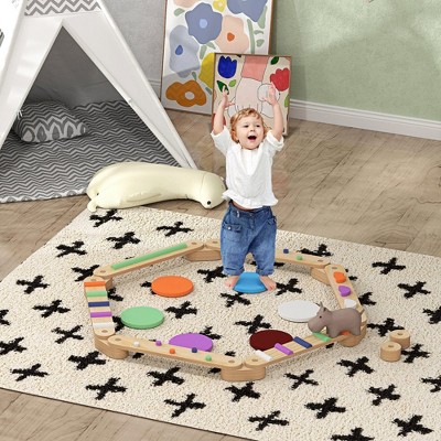 Kids Balance Beam, Wooden Balance Board with Stepping Stones, Gymnastics Obstacle Course for Toddlers 3-8 Years for Motor Skills Coordination