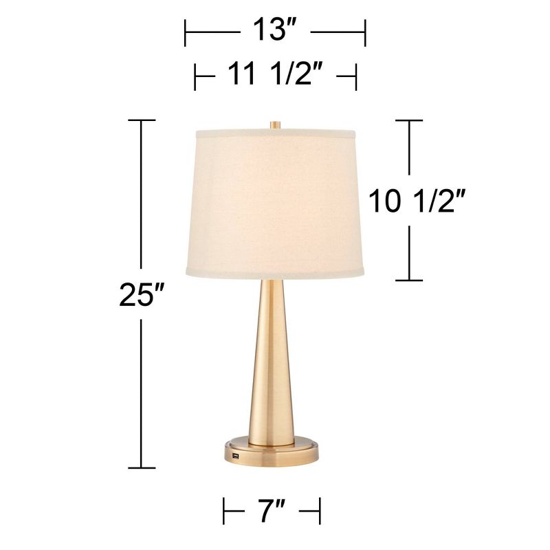 360 Lighting Modern Table Lamps 25" High Set of 2 with USB Charging Port Brass Metal Beige Drum Shade for Bedroom Living Room House Desk Bedside Home, 4 of 10