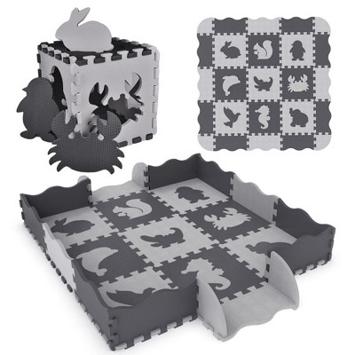 Fun Little Toys 25 PCs Kids Play Mat - Soft Interlocking Foam Tiles with Animal Patterns & Fence for Toddlers & Playroom Décor