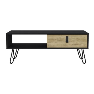 HomeRoots 41" Black and Oak Wood and Metal Coffee Table With Drawer And Shelf