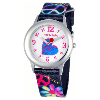 Girls' Red Balloon Peace-Love & Happiness Stainless Steel Watch - Black