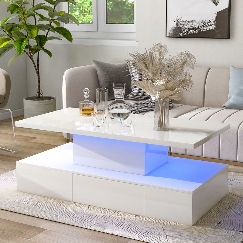 Modern Glossy Coffee Table With Drawers With Plug-In 16 Colors Living Room LED Lighting - ModernLuxe, 1 of 11