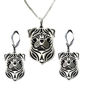 Pug Dog Pendant Necklace Earrings Set Sterling Silver Womens Ginger Lyne Collection - 1 of 4