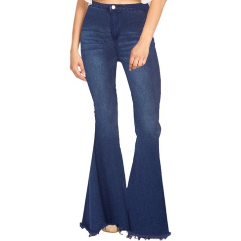 Anna-Kaci Classic Retro High Waist Long Denim Frayed Hem Bell Bottom Jeans  - Medium ,Blue