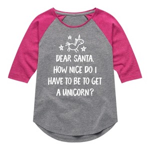 Girls' - Instant Message - Christmas Dear Santa Unicorn Shirt Tail Raglan Graphic T-shirt - 1 of 4