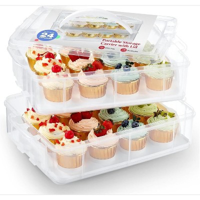 24 Count 2-Layer Cupcake Carrier with Lid & Handles, Reusable Cupcake Box for Cookies Cakes Brownies