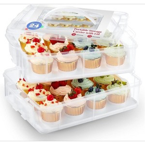 24 Count 2-Layer Cupcake Carrier with Lid & Handles, Reusable Cupcake Box for Cookies Cakes Brownies - 1 of 4