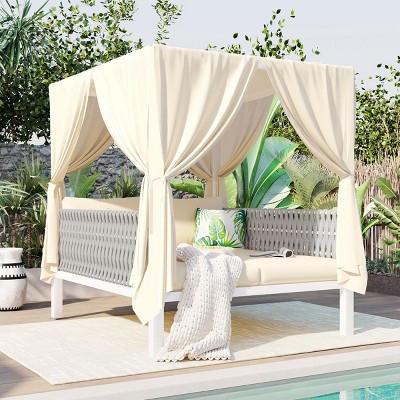 Outdoor Patio Daybed with Curtain and Canopy, 2-Seater Woven Rope Sunbed, Daybed with Iron Frame and Foam Cushions and Pillows–Cuddlewood