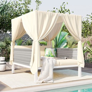 Outdoor Patio Daybed with Curtain and Canopy, 2-Seater Woven Rope Sunbed, Daybed with Iron Frame and Foam Cushions and Pillows–Cuddlewood - 1 of 4