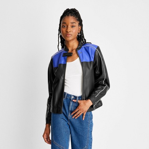 Women's Blue Denim Jacket, White Long Sleeve T-shirt, Black