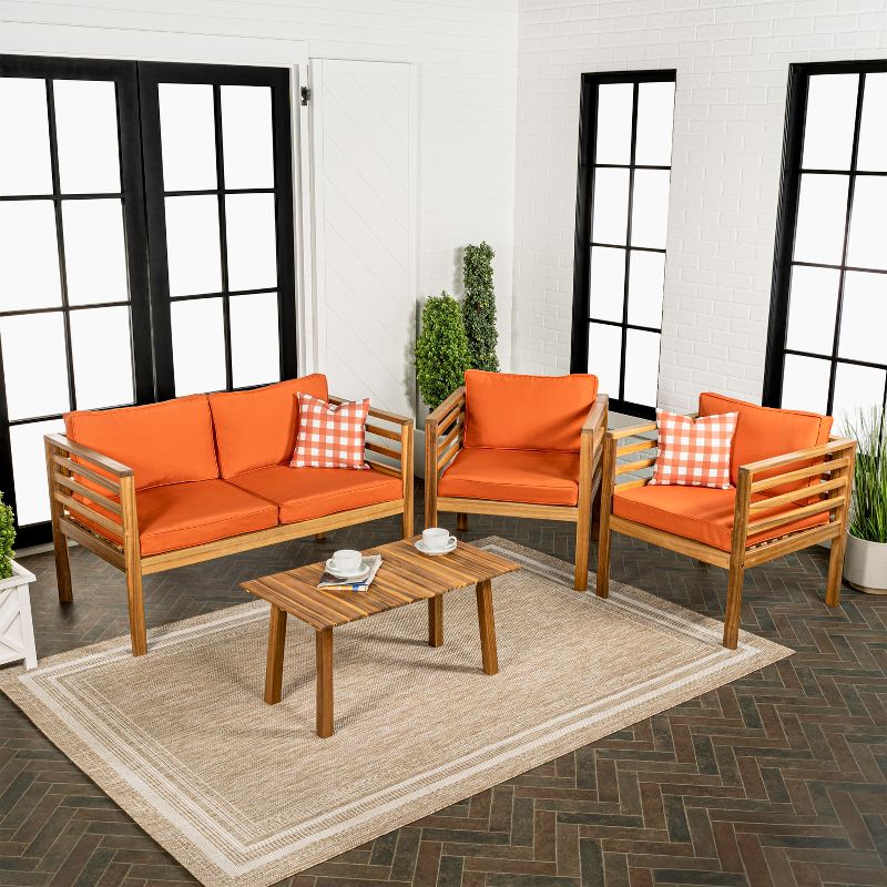 Thom 4-Piece Mid-Century Modern Acacia Wood Outdoor Patio Set with Cushions and Plaid Decorative Pillows - JONATHAN Y, 3 of 8
