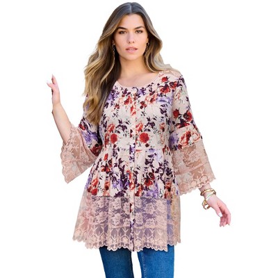 Roaman's Women's Plus Size Illusion Lace Big Shirt