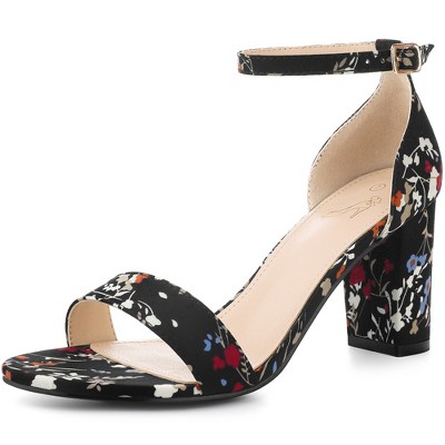 Perphy Women's Floral Printed Open Toe Ankle Strap Chunky Heels Sandals ...